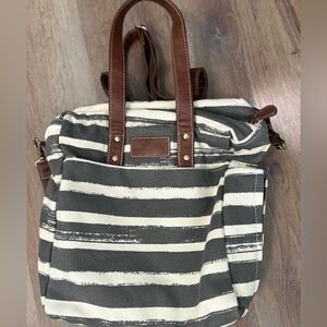 MAIKA Commuter Tote - Striped Canvas Tote Bag with Brown Leather Handles